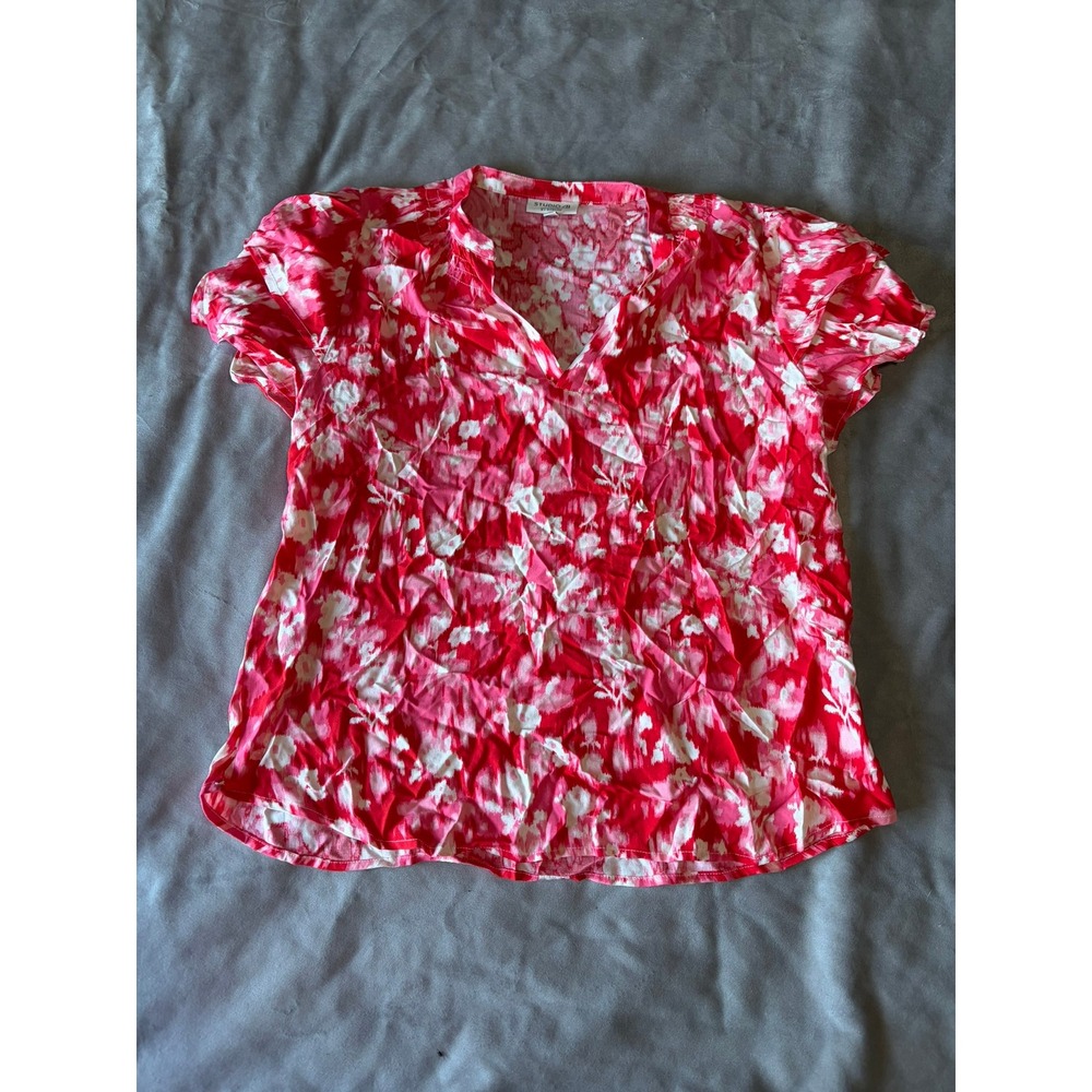 Studio B by Bobeau Red White Floral V-Neck Flutter Sleeve Blouse XL